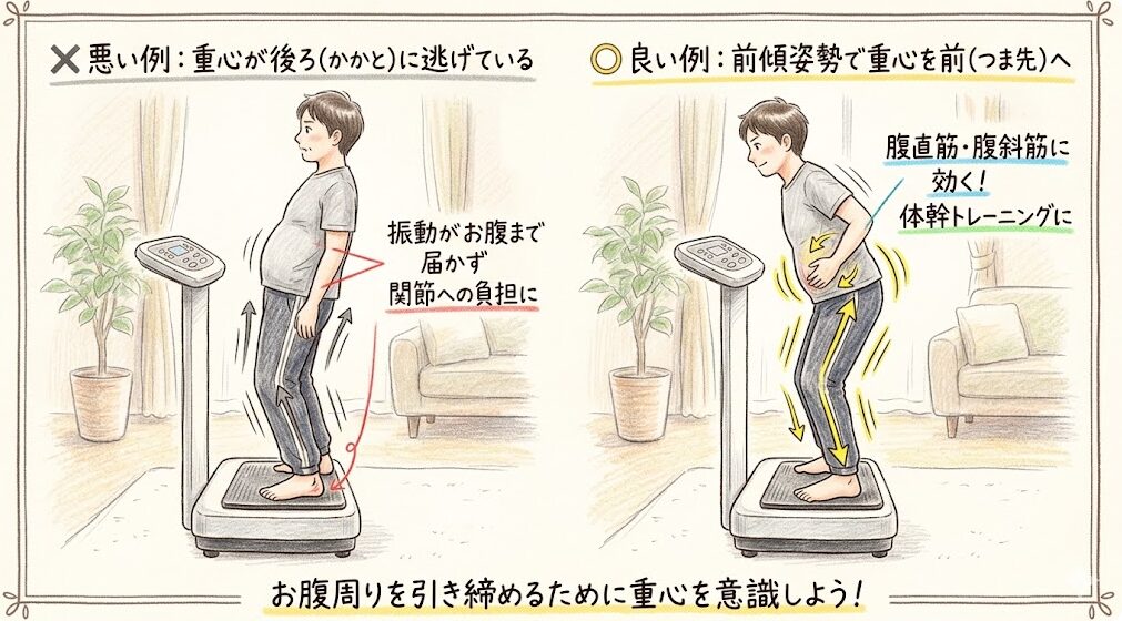 振動マシン：お腹周りを引き締めるための重心の置き方