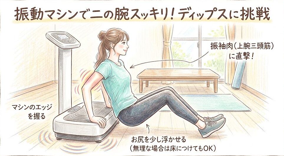 振動マシン：二の腕のたるみに効くディップスのポーズ