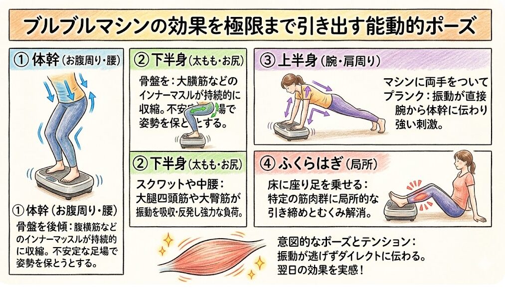 振動マシン：正しい使い方と部位別の能動的ポーズ