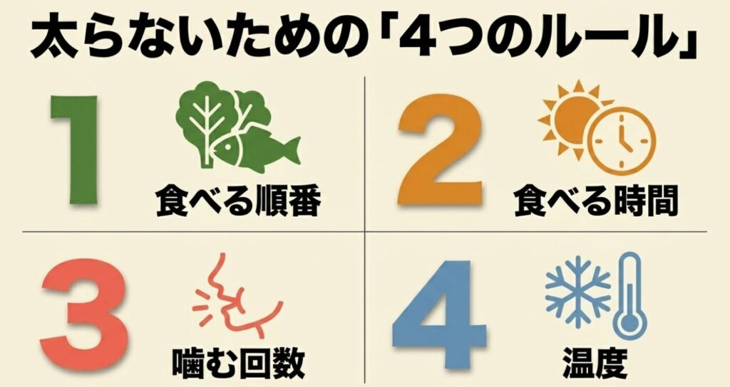 もち米を食べても太らないための4つのルール（順番、時間、噛む回数、温度）のアイコン