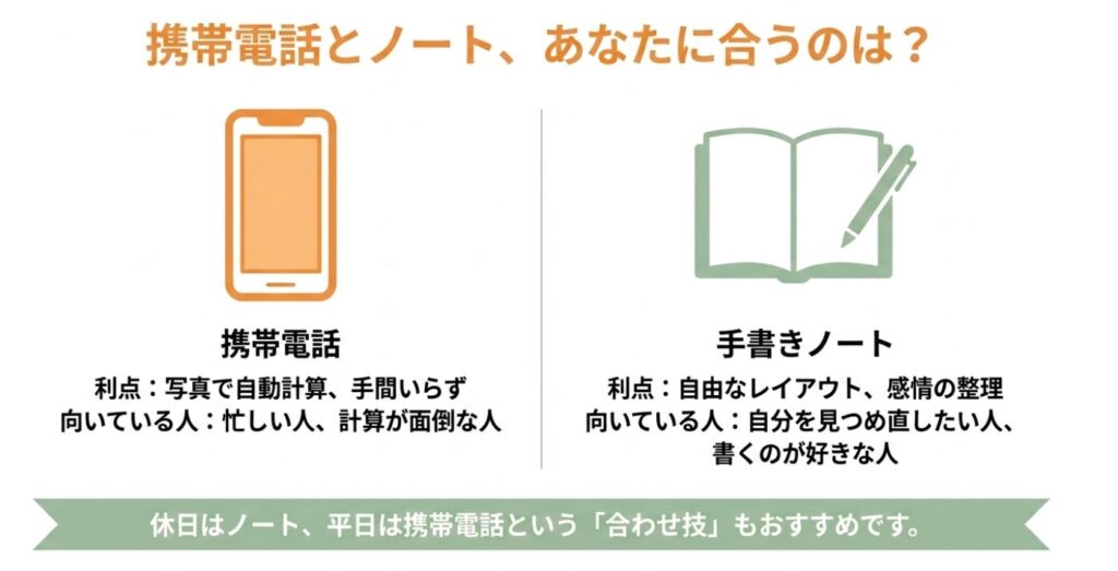 レコーディングダイエット：携帯電話と手書きノートの利点と向いている人の比較。休日はノート、平日は携帯電話の合わせ技もおすすめ