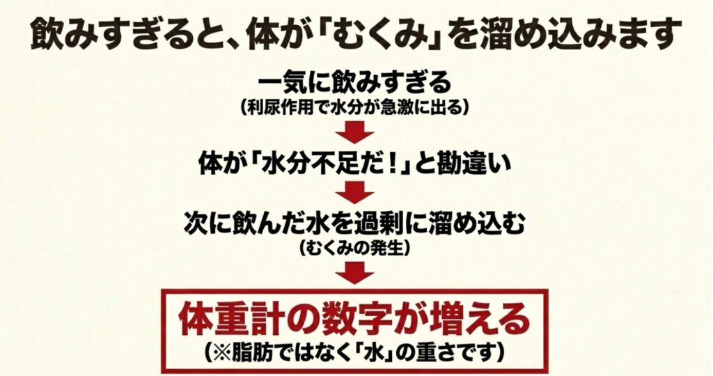 あずき茶を一気に飲みすぎることで、利尿作用から体が水分不足と勘違いし、水を過剰に溜め込んで一時的なむくみ（体重増加）を引き起こすメカニズムの図解スライド。