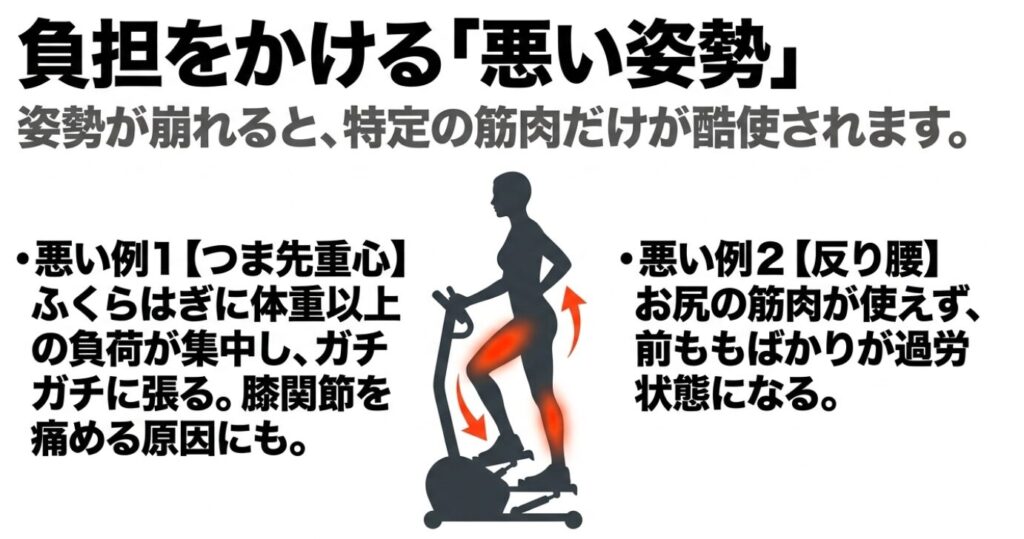 ステッパー：つま先重心や反り腰など特定の筋肉を酷使して負担をかける悪い姿勢