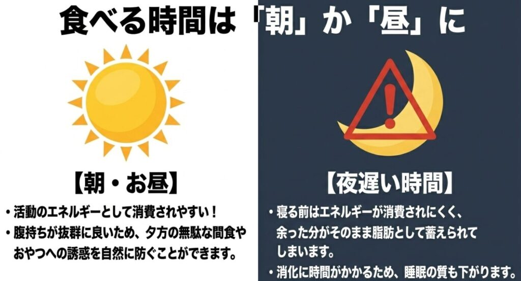 オートミールオムライス:夜遅い時間は脂肪として蓄えられやすいので避け、活動のエネルギーとして消費されやすい朝かお昼に食べる