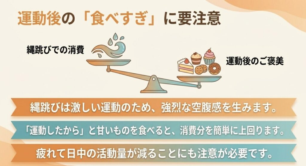 縄跳びダイエット：運動したからと甘いものを食べると消費分を簡単に上回り、疲労で日中の活動量が減ることへの注意喚起