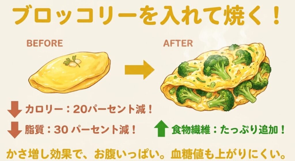 チーズオムレツ:プレーンなオムレツとブロッコリー入りオムレツの比較イラスト。ブロッコリーを入れて焼くことで、カロリー20%減、脂質30%減、食物繊維たっぷり追加となり、かさ増し効果でお腹いっぱいになることを示すスライド