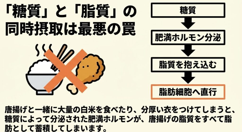 唐揚げダイエット:糖質と脂質を同時に摂取すると肥満ホルモンが分泌され脂肪細胞へ直行してしまう最悪の罠を図解したスライド