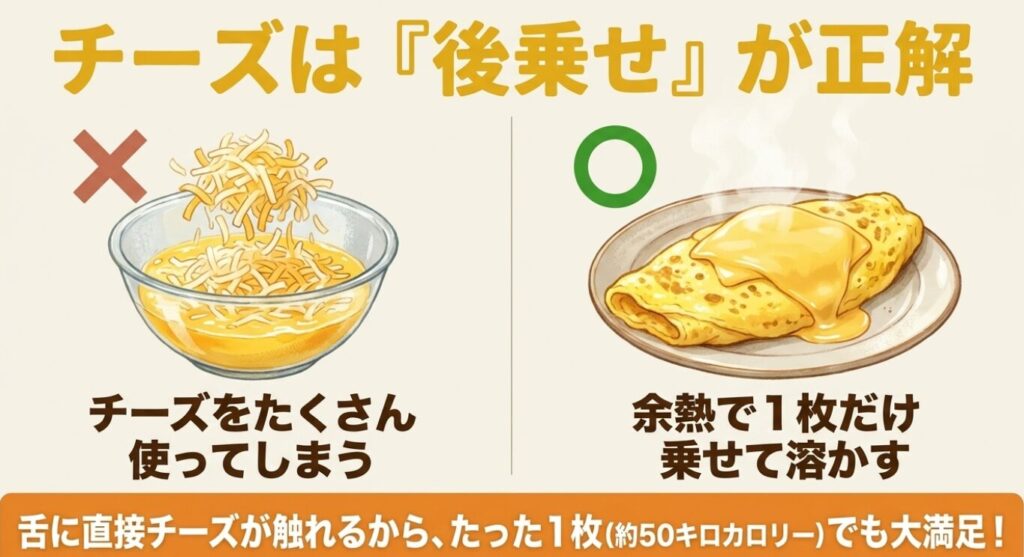 チーズオムレツ:チーズを中にたくさん使うNG例と、余熱でスライスチーズを1枚だけ乗せて溶かす正解例を比較し、舌に直接触れるため約50キロカロリーでも大満足できることを解説したスライド