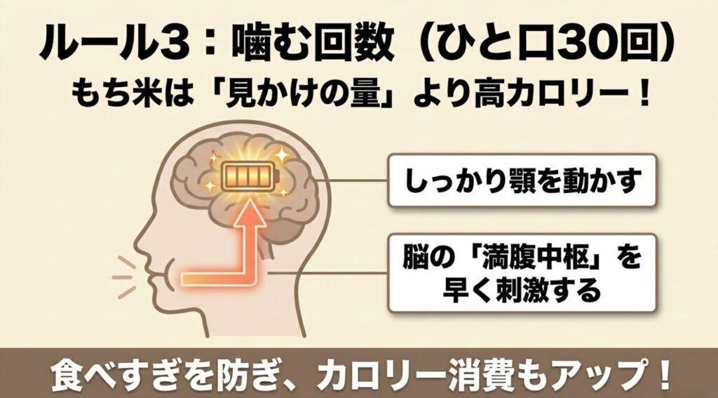 もち米：ひと口30回しっかり顎を動かすことで満腹中枢を刺激し、食べすぎを防ぐメカニズム
