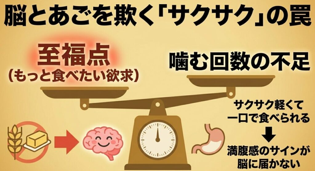ホームパイ:時計のイラストと共に、サクサク軽くて一口で食べられるため噛む回数が不足し、満腹感のサインが脳に届かない仕組み(至福点)を説明したスライド画像。