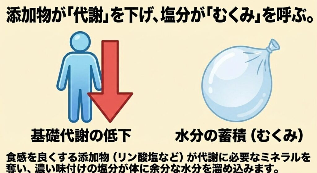 チキンナゲット:添加物が基礎代謝を下げ、塩分が水分の蓄積(むくみ)を呼ぶ仕組み