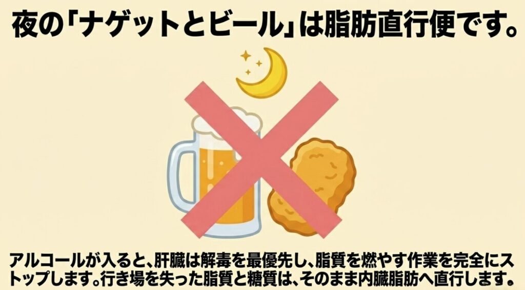 脂肪蓄積につながる夜のチキンナゲットとビールのNGな組み合わせ