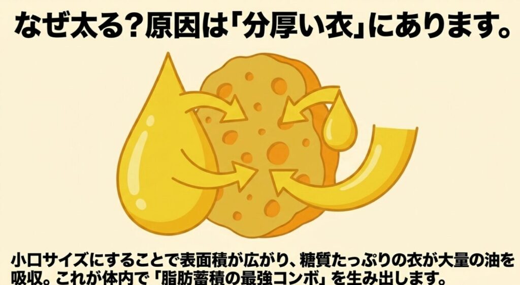 チキンナゲット:スポンジのように大量の油を吸収するチキンナゲットの分厚い衣