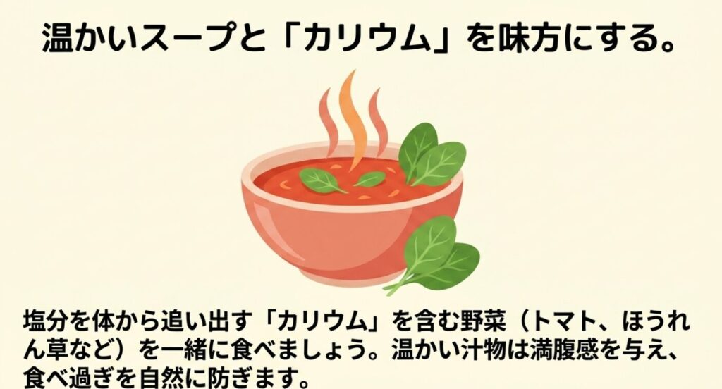 チキンナゲット:塩分を体から追い出すカリウムを含む野菜と満腹感を与える温かいスープ