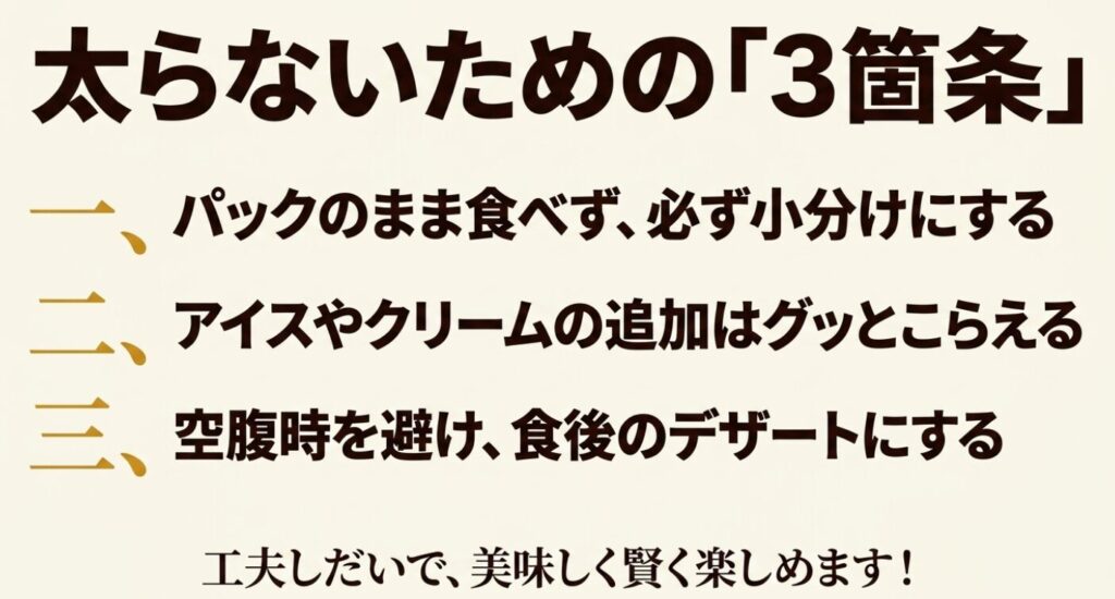 業務スーパーのコーヒーゼリー：太らないための3箇条。パックのまま食べず小分けにする、アイス等の追加はこらえる、食後のデザートにする、とまとめたスライド