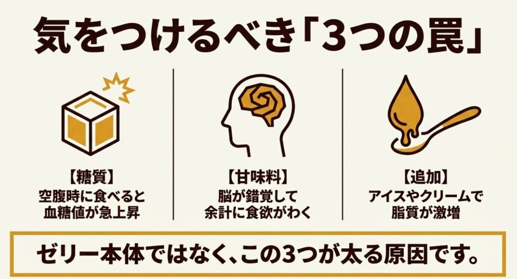 業務スーパーのコーヒーゼリー：気をつけるべき3つの罠として、空腹時の糖質、食欲がわく甘味料、脂質が激増する追加アレンジを挙げたスライド