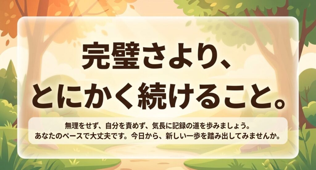 レコーディングダイエット：完璧さよりとにかく続けること。無理をせず、自分を責めず、気長に自分のペースで新しい一歩を踏み出すメッセージ