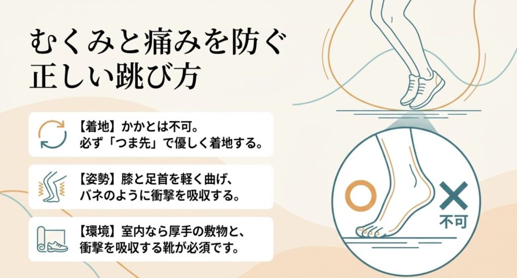 縄跳びダイエット：かかと着地は不可。必ずつま先で着地し、膝と足首を曲げてバネのように衝撃を吸収する正しい姿勢の解説