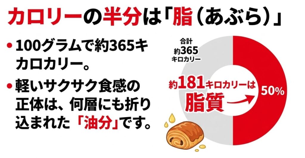 コストコのパンオショコラ:カロリーの半分は脂。100グラムで約365キロカロリー、軽いサクサク食感の正体は何層にも折り込まれた油分