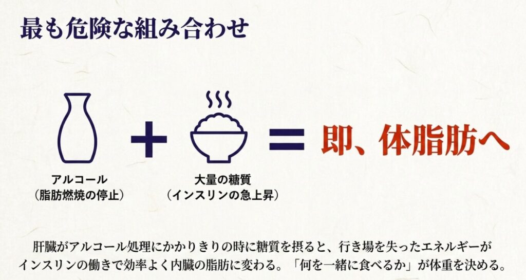 日本酒：脂肪燃焼が停止した状態での大量の糖質摂取は、インスリンの働きで効率よく内臓脂肪に変わる最も危険な組み合わせであることを解説した図 。