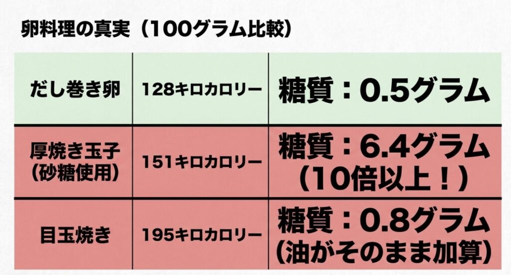だし巻き卵、厚焼き玉子、目玉焼きの100gあたりのカロリーと糖質の比較