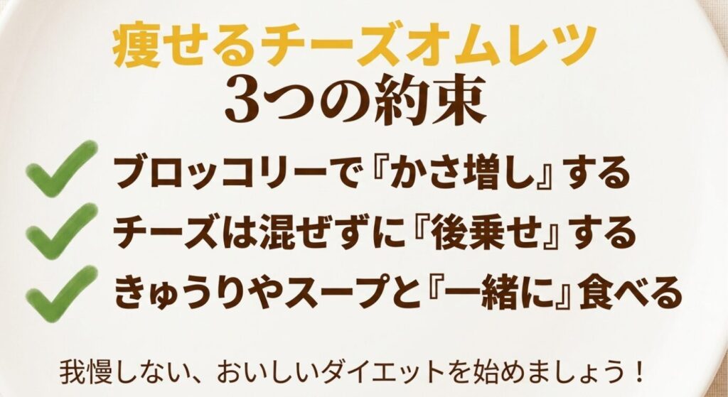 「痩せるチーズオムレツ3つの約束」として、①ブロッコリーでかさ増しする、②チーズは混ぜずに後乗せする、③きゅうりやスープと一緒に食べる、をまとめたスライド 。