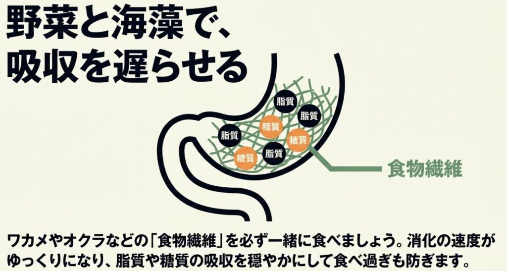 唐揚げダイエット:ワカメやオクラなどの食物繊維を一緒に食べることで、脂質や糖質の吸収を穏やかにすることを説明したスライド