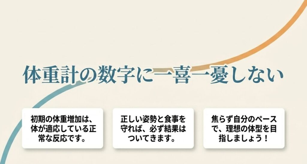 縄跳びダイエット：初期の体重増加は体が適応している正常な反応。正しい姿勢と食事を守れば必ず結果はついてくるという励ましのメッセージ