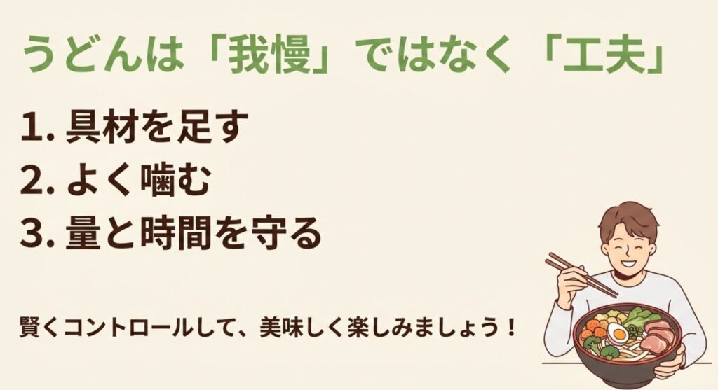 うどんは我慢ではなく工夫！具材を足してよく噛んで美味しく楽しむ男性のイラスト