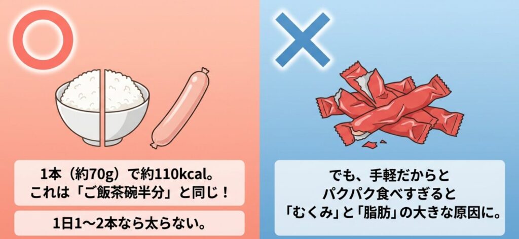 魚肉ソーセージ1本（約110kcal）とご飯茶碗半分のカロリーが同じであることを示すイラスト