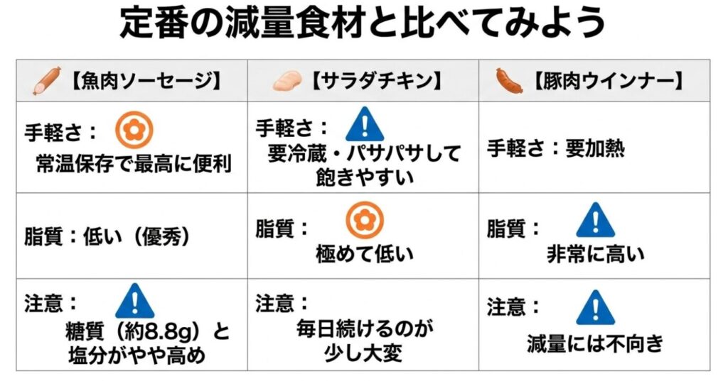 魚肉ソーセージとサラダチキン、豚肉ウインナーの手軽さや脂質、注意点を比較した表