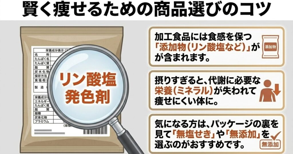 魚肉ソーセージ：加工食品のパッケージ裏にあるリン酸塩や発色剤などの添加物を虫眼鏡で確認するイラスト
