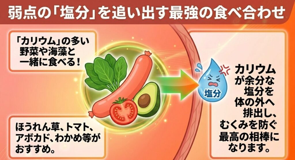 魚肉ソーセージの塩分を、カリウムの多い野菜や海藻と一緒に食べて体外へ排出する食べ合わせの解説