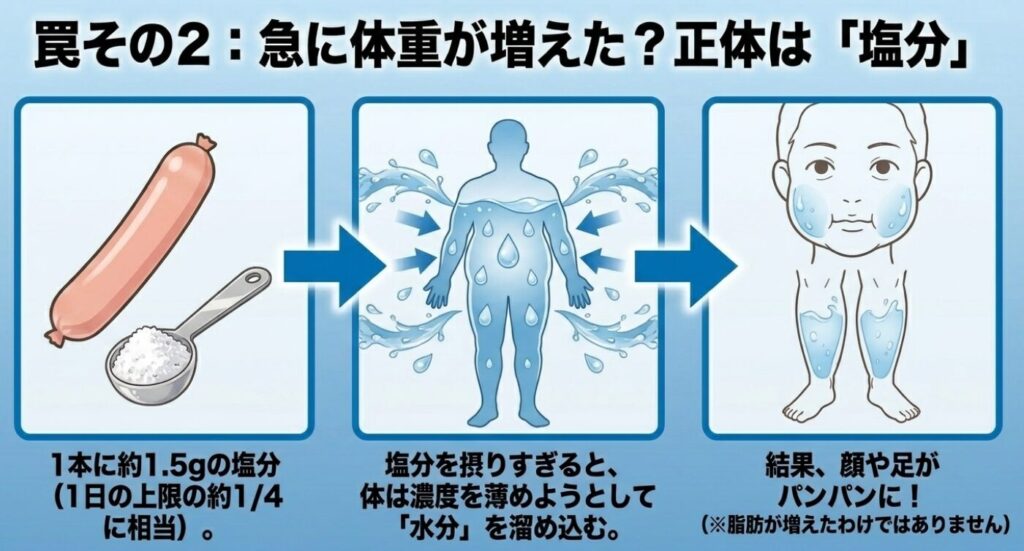 魚肉ソーセージ：塩分の摂りすぎで体が濃度を薄めようと水分を溜め込み、むくむ原因を解説するイラスト