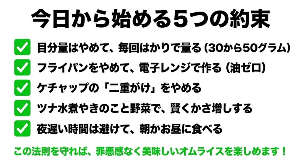 オートミールオムライス:毎回はかりで量る、電子レンジで作る、ケチャップの二重がけをやめる、賢くかさ増しする、朝かお昼に食べるという法則