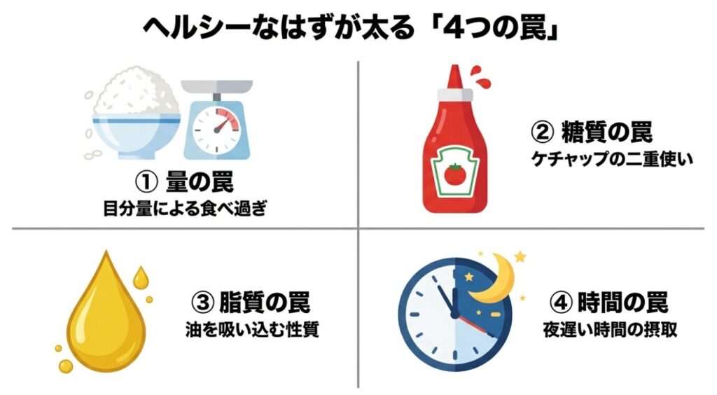 オートミールオムライス:目分量による量の罠、ケチャップの二重使いによる糖質の罠、油を吸い込む性質による脂質の罠、夜遅い時間の摂取による時間の罠