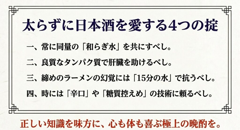 日本酒：和らぎ水を共にすること、タンパク質で肝臓を助けること、ラーメンの幻覚には15分の水で抗うこと、辛口や糖質控えめに頼ることの4つの掟のまとめ 。