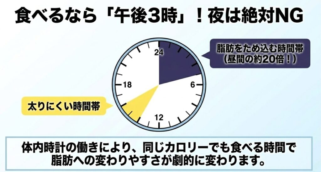 食べるなら午後3時が太りにくい時間帯であり、夜は脂肪をため込む時間帯として昼間の約20倍になるため絶対にNGであることを示す時計のイラスト付きスライド 。体内時計の働きで脂肪への変わりやすさが劇的に変わることを解説 。