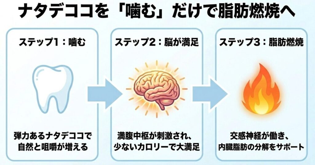弾力あるナタデココを噛んで咀嚼が増えることで、脳の満腹中枢が刺激され、少ないカロリーで満足することを示す脳のイラスト付きスライド 。交感神経が働き、内臓脂肪の分解と脂肪燃焼をサポートするステップを解説 。