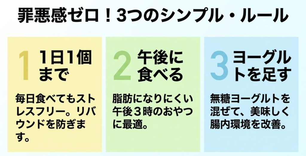 罪悪感ゼロで食べるための3つのシンプルルールをまとめたスライド 。1日1個まででリバウンドを防ぎ、脂肪になりにくい午後3時に食べ、無糖ヨーグルトを足して腸内環境を改善するという内容 。