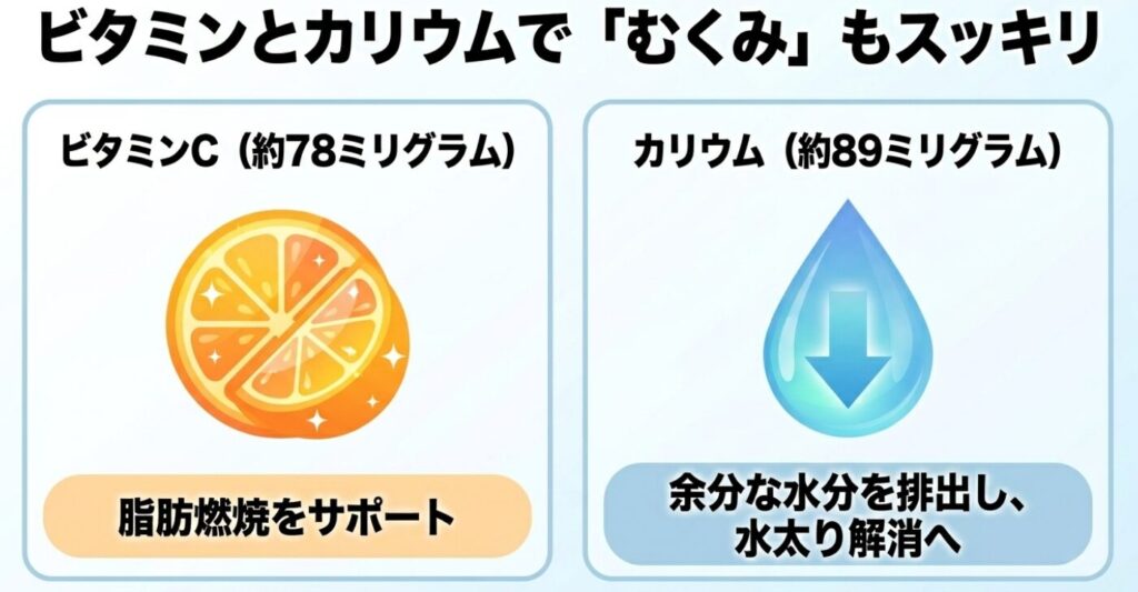 約78ミリグラムのビタミンCが脂肪燃焼をサポートし、約89ミリグラムのカリウムが余分な水分を排出してむくみや水太りを解消することを示すオレンジのイラスト付きスライド 。