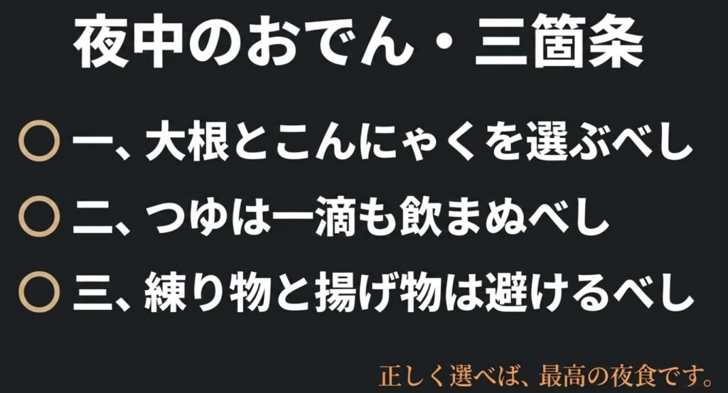 夜中のおでん三箇条。大根とこんにゃくを選ぶこと、つゆは一滴も飲まないこと、練り物と揚げ物は避けることをまとめた結論のスライド。