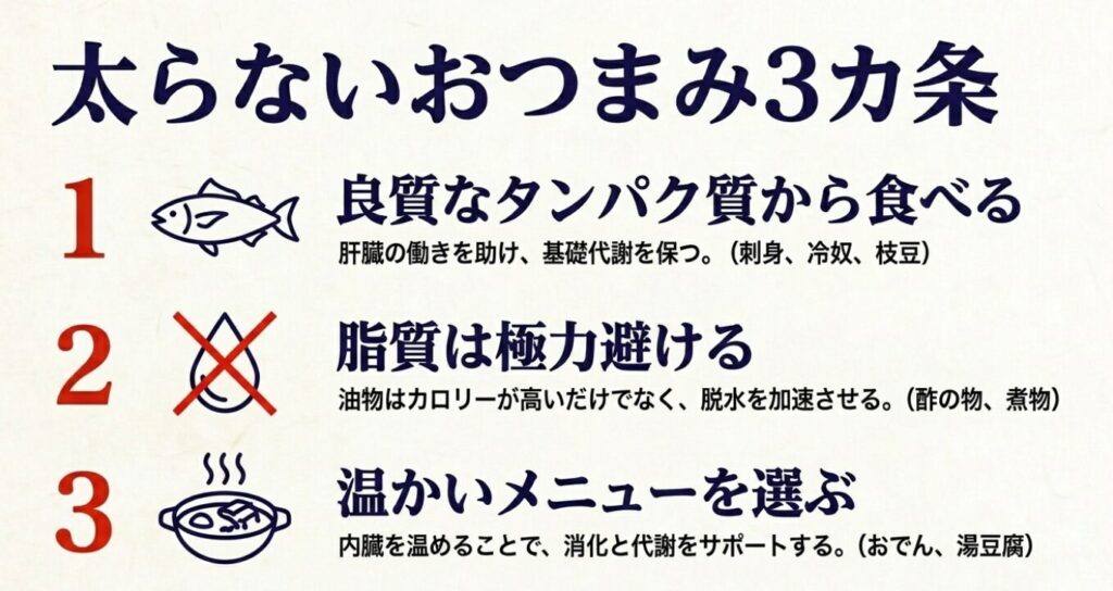 日本酒：肝臓の働きを助ける良質なタンパク質から食べること、脱水を加速させる脂質は極力避けること、内臓を温め代謝をサポートする温かいメニューを選ぶことの3カ条をまとめた図 。