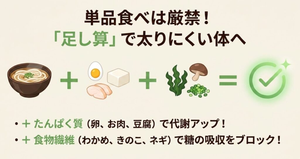 冷凍うどん：単品食べは厳禁！卵やわかめなど、たんぱく質と食物繊維を足し算する組み合わせ