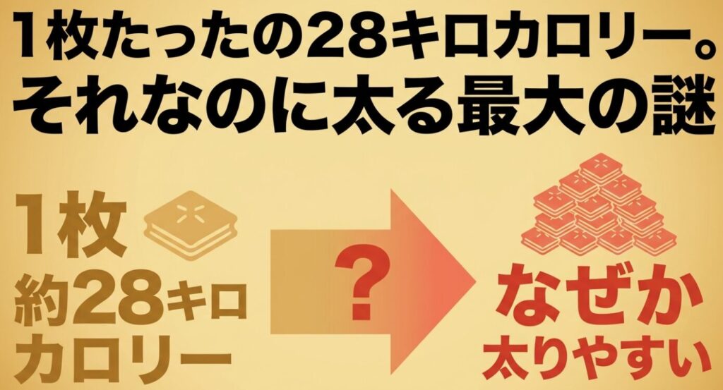 ホームパイ:「1枚たったの28キロカロリー。それなのに太る最大の謎」という、カロリーの低さと太りやすさの矛盾を提示するスライド画像。