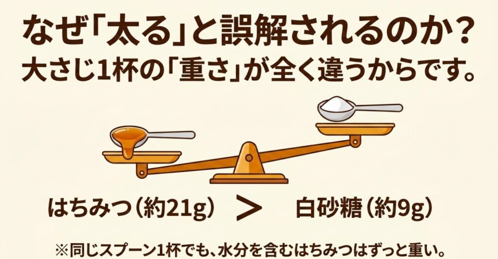 はちみつヨーグルト：はちみつ約21gと白砂糖約9gの大さじ1杯あたりの重さの比較と誤解の理由