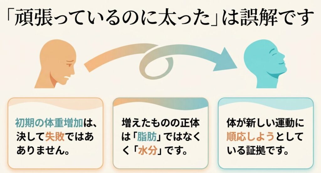 縄跳びダイエット：頑張っているのに太ったは誤解。初期の体重増加は決して失敗ではなく、増えたものの正体は脂肪ではなく水分であるという解説