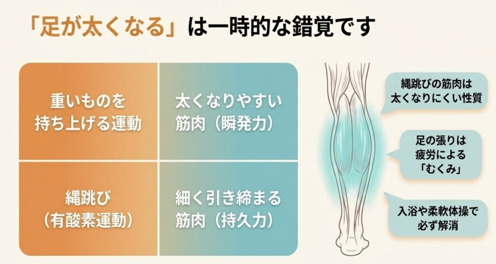 縄跳びダイエット：縄跳びの筋肉は太くなりにくい性質の持久力筋肉であり、足の張りは疲労によるむくみであることの解説図