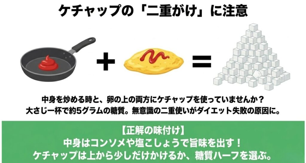 オートミールオムライス:中身を炒める時と卵の上の両方にケチャップを使う無意識の二重使いがダイエット失敗の原因