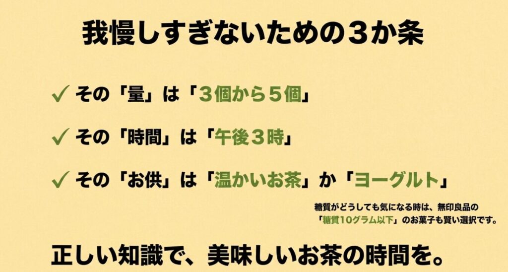 きな粉ねじり：量、時間、お供の3か条と、無印良品の糖質10グラム以下のお菓子も賢い選択であるというまとめのスライド。
